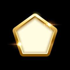 3d plate button of pentagon shape with golden frame vector illustration. Realistic isolated website element, golden glossy label for game UI, badge of navigation menu with shiny light effect on border