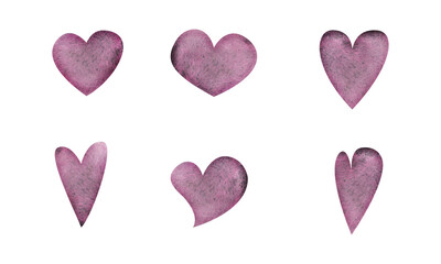 Watercolor hand drawn set of objects, textured purple hearts for Valentine's day. Isolated on white background. Design for paper, love, greeting cards, textile, print, wallpaper, wedding