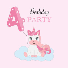 Obraz na płótnie Canvas An invitation to the fourth birthday. A unicorn with pink hair.