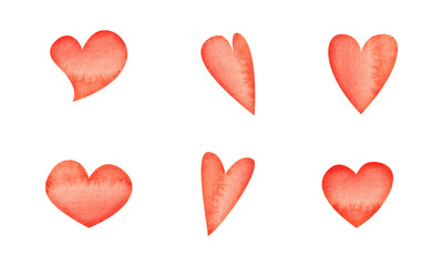Watercolor hand drawn set of objects, textured red, pink hearts for Valentine's day. Isolated on white background. Design for paper, love, greeting cards, textile, print, wallpaper, wedding