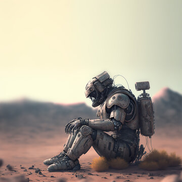 robot sits sadly on the ground of an strange alien planet,generative ai