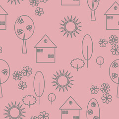 Seamless abstract pattern. Simple background on pink, grey. Vector. Sun, houses, trees, flowers. Children's texture. Design for textile fabrics, wrapping paper, background, wallpaper, cover.