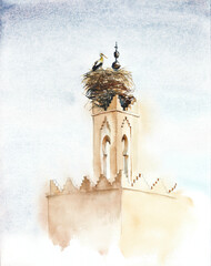 Storks in the nest. Minaret nest. ancient architecture. Watercolor hand drawn illustration - 552769901