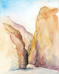 Gorge Morocco. Watercolor hand drawn illustration	