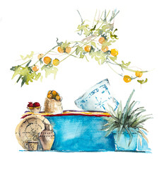 Blue street from Morocco. Watercolor hand drawn illustration	