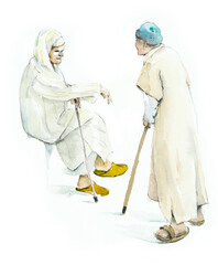Two old man in national clothes talking on the street. Watercolor sketch from Morocco. Hand rdawn illustration	