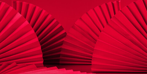 Chinese New Year 2023 .Decor pattern fan on red background. Red paper fans .Lunar New Year banner template. Color of the year 2023 viva magenta.color pantone Lunar New Year,chinese banner