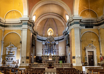 Main nave and presbytery of St. Michael church in old town quarter at Azure Cost of Mediterranean Sea in Villefranche-sur-Mer resort town in France
