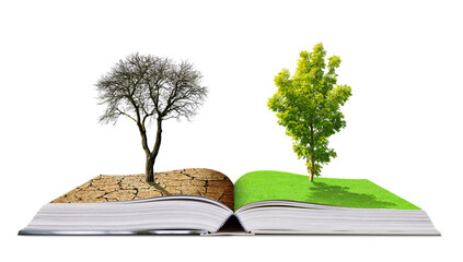 Open book with live and dead tree isolated on transparent background, PNG. Global warming or...