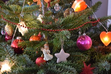 Close up of a decorated Christmas fir tree