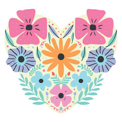 Flowers and leaves heart shape design. Hand-drawn valentine's day vector illustration