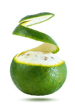 King Orange fruit (or Calamansi, Green Orange Fruits) with peeled spiral skin isolated on white background