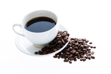 Coffee cup and beans isolated on white background