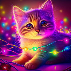 Adorable kitten tangled in colorful Christmas lights, colorful, synth-wave style colors