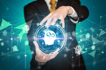 Businessman holdig business icons concept