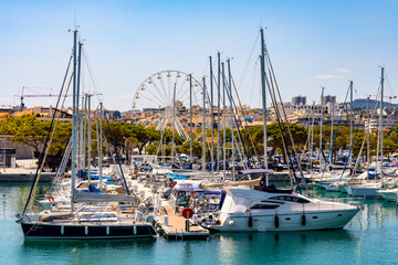 Panoramic view of Vauban port and yacht marina with medieval Bastion Saint Jaume walls onshore Azure Cost of Mediterranean Sea in Antibes resort town in France - obrazy, fototapety, plakaty