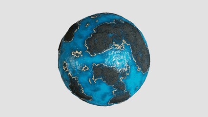 Surrealistic blue planet with oceans on white background, globe, cosmos, resin material in sphere, nice icon, 3d rendering