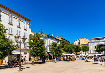 Place Nationale National Market Square in historic old town quarter of Antibes resort city onshore Azure Cost of Mediterranean Sea in France - obrazy, fototapety, plakaty