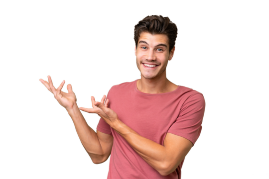 Young handsome caucasian man over isolated background extending hands to the side for inviting to come