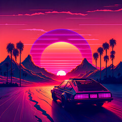 Fototapeta na wymiar Synthwave sunset, landscape with palm trees, retro wave illustration