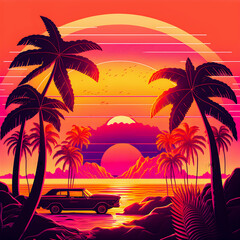 Synthwave sunset,  landscape with palm trees, retro wave illustration