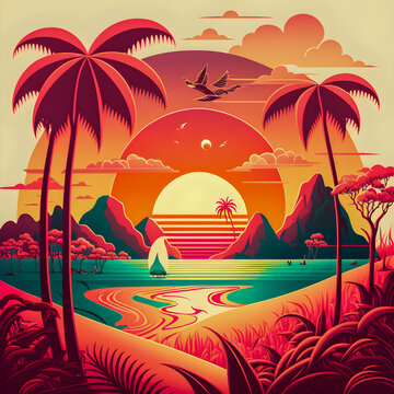 Synthwave sunset,  landscape with palm trees, retro wave illustration