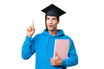 Young university graduate man over isolated background thinking an idea pointing the finger up