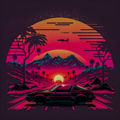 Obraz na płótnie Canvas Synthwave sunset, landscape with palm trees, retro wave illustration