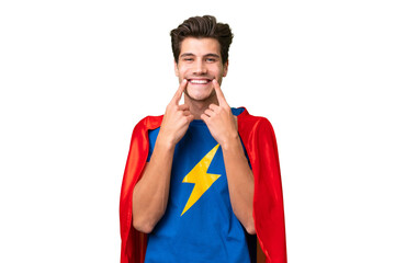 Super Hero caucasian man over isolated background smiling with a happy and pleasant expression © luismolinero