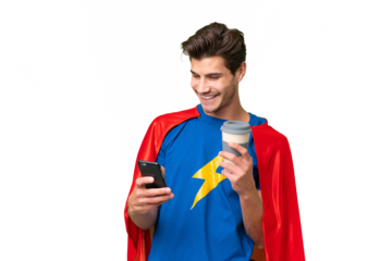 Super Hero caucasian man over isolated background holding coffee to take away and a mobile
