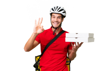 Pizza delivery man with work uniform picking up pizza boxes over isolated background happy and counting three with fingers