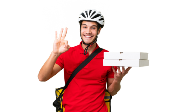 Pizza delivery man with work uniform picking up pizza boxes over isolated background happy and counting three with fingers