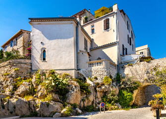 Medieval stone defense tower house at Rue Barque en Cannes street in historic old town of Antibes...