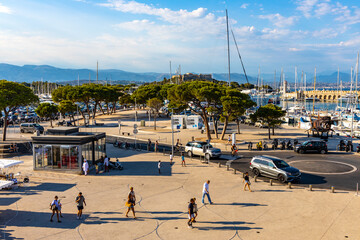 Panoramic view of Vauban port and yacht marina with medieval Bastion Saint Jaume walls onshore...