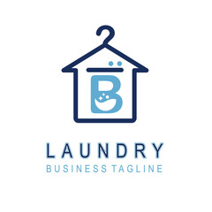 Letter B for Laundry Business Logo Design Idea Template with House and Hanger Icon. Dry Cleaning Clothes Wash Machine