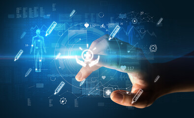 Doctor hand pressing futuristic health device with medical symbol on screen