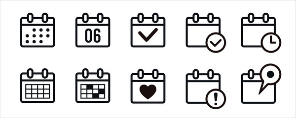 Collection of simple calendar icons vector design including daily, current date, check, pin, marked date, deadline, etc.