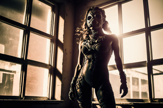 beautiful woman in underwear with a gasmask in front of a window, fabric, body, spooky, attractive, erotic, destruction, warm lights, punk,fictional person made with generative ai
