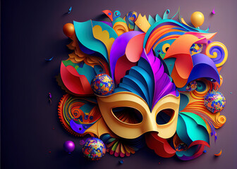 carnival mask on a stylish bright saturated background with decorative elements for a holiday or party
