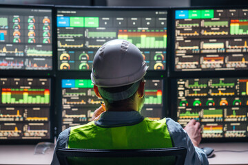 Industry 4.0. Head engineer control production line with computer screens. Factory operator...