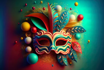 Poster carnival mask on a stylish bright saturated background with decorative elements for a holiday or party © Ivan Traimak