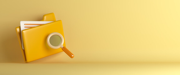 Yellow folder file with magnifying glass cartoon style, data security concept, 3d rendering illustration