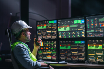 Main engineer operator and computer screens with modern following production system Industry 4.0...