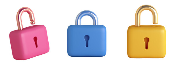 Collection of padlocks cartoon style on transparent background, 3d rendering illustration