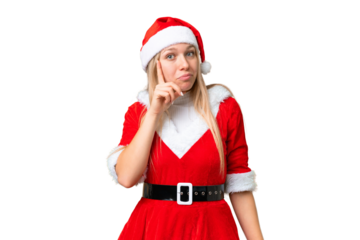 Young blonde woman with christmas hat over isolated chroma key background thinking an idea