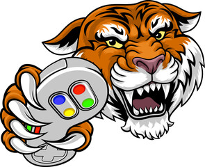 A tiger gamer with video game controller sports team animal mascot