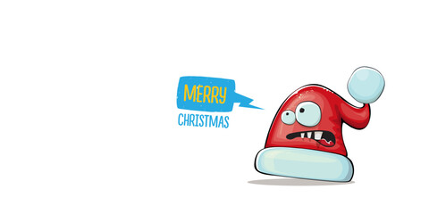 Vector cartoon Santa Claus red hat with smile face isolated on white horizontal bannner background. Merry Christmas greeting banner with funny monster Santa Claus hat. Santa hat