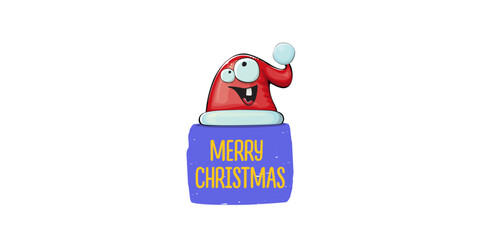 Vector cartoon Santa Claus red hat with smile face isolated on white horizontal bannner background. Merry Christmas greeting banner with funny monster Santa Claus hat. Santa hat