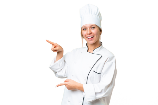 Young chef woman over isolated chroma key background pointing finger to the side and presenting a product