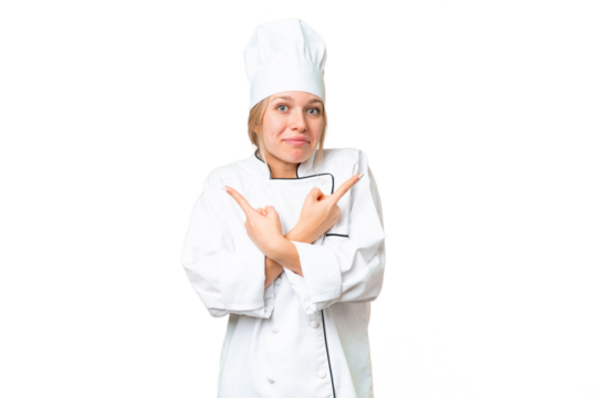 Young chef woman over isolated chroma key background pointing to the laterals having doubts